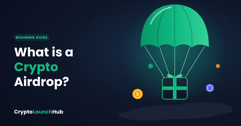 What is a crypto airdrop: a green parachute carrying a gift box of free tokens